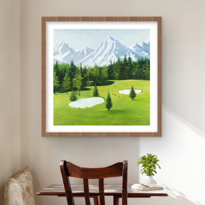 Parcours de golf avec vue sur les montagnes - impression encadrée avec passe-partout