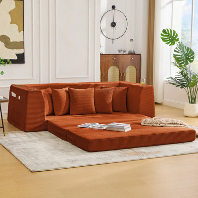 82.25 Convertible Sofa Bed, Loveseat Sleeper With Corduroy Upholstery, 5 Pillows, Side Pockets, And Cup Holders, No Assembly Required