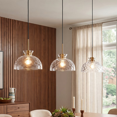 Suspension moderne en laiton et verre martelé de 28 cm (11 po), à intensité variable, idéale pour îlot de cuisine.