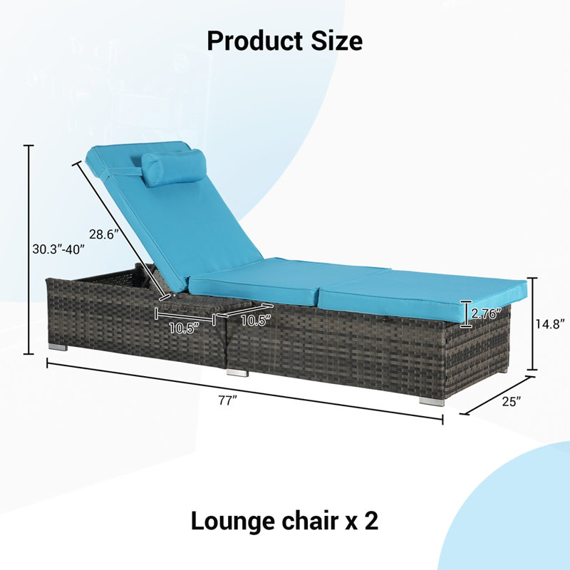 Ensemble de 2 chaises longues d'extérieur avec rangement pour la piscine, Bleu clair