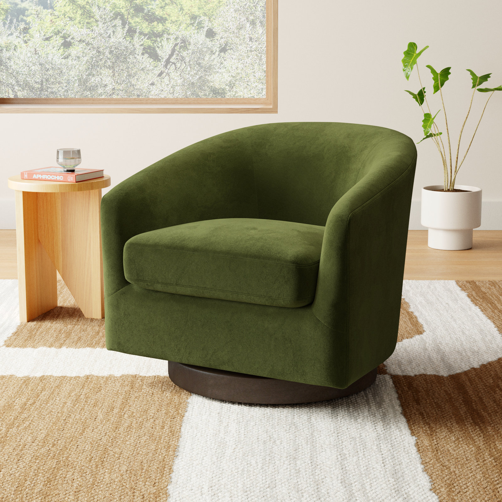 Bennett Linen Swivel Barrel Chair, Bella Forest Performance Velvet