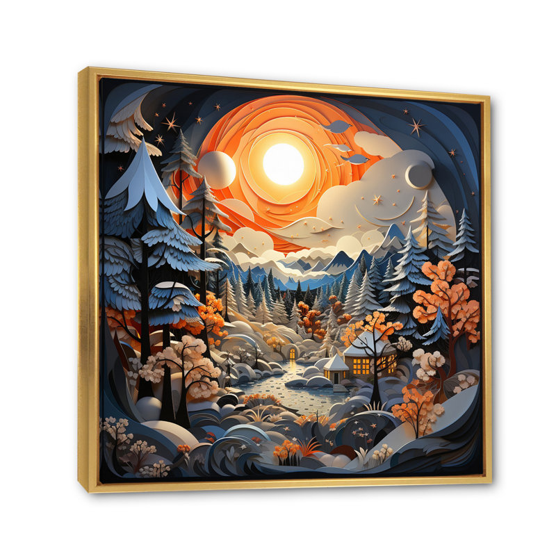 «Orange Orange Winters Papercut Landscape II», art mural sur toile, H 24 po x l 24 po, Cadre flottant doré
