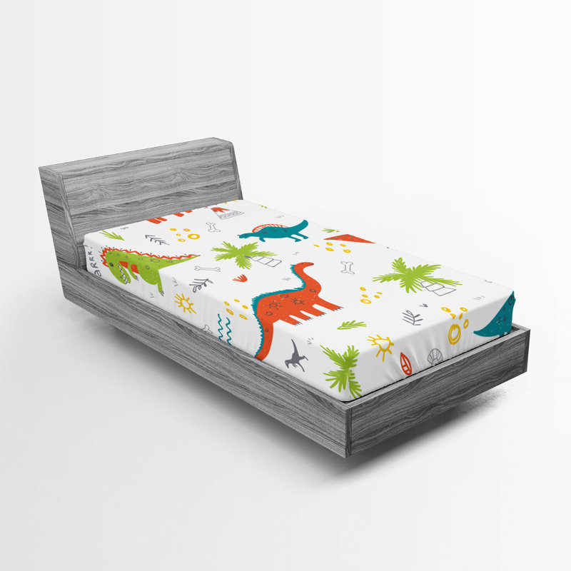 Ambesonne Cartoon Fitted Sheet 2-Pack Prehistoric Wildlife Multicolor, Twin XL Fitted Sheet