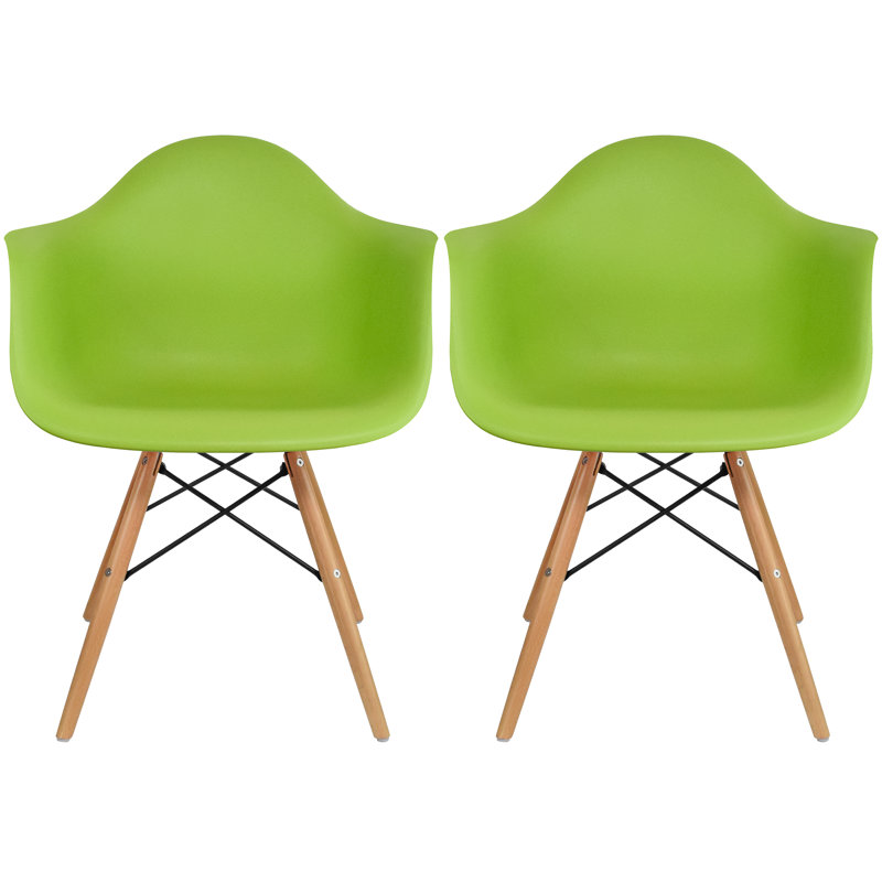 Set of 2 Mid Century Modern Dining Arm Chair with Wooden Dowel Legs, Green/Natural
