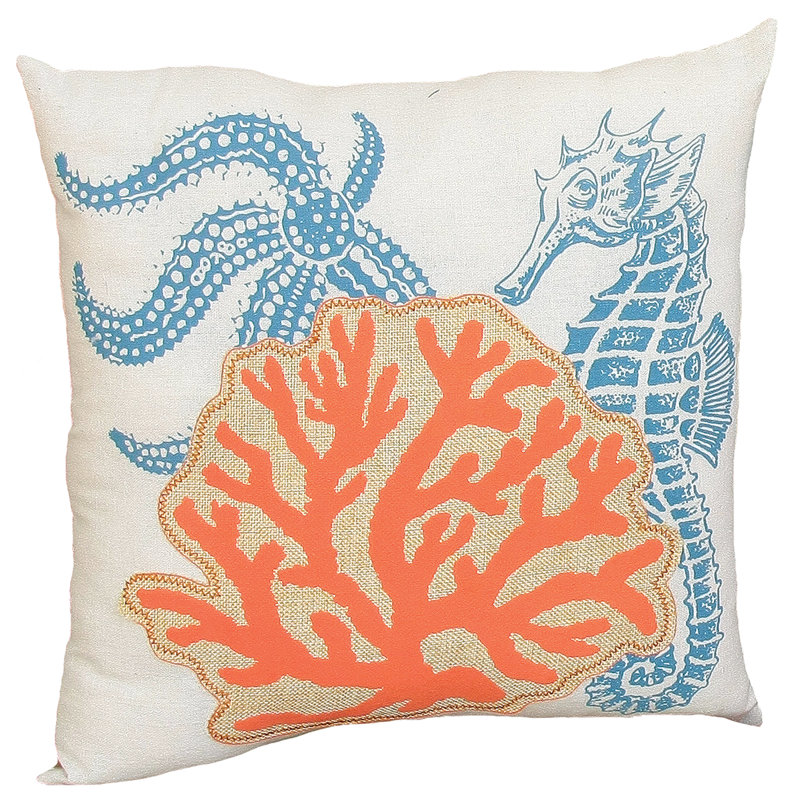 Coastal Applique Sea Life and Coral Decorative Throw Pillow