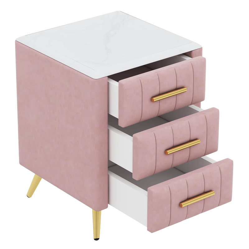 Grand lit plateforme tapissier avec deux tables de chevet, Double, Rose