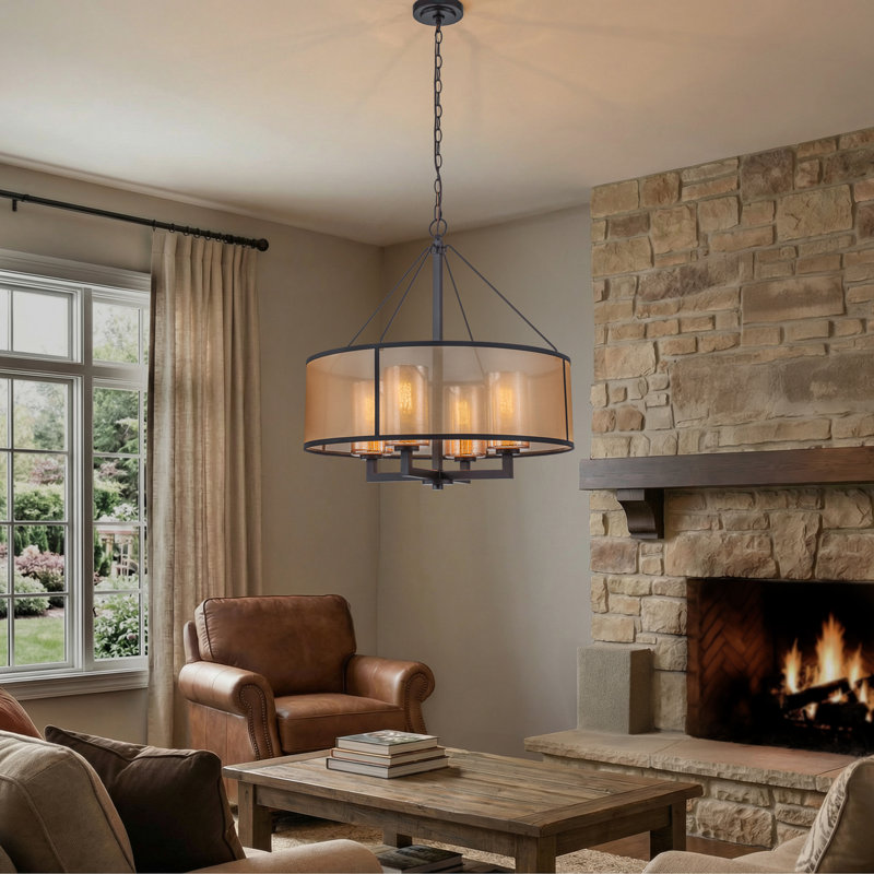 24-inch 4-light Oil Rubbed Bronze Modern Farmhouse Chandelier Drum Shade Mercury Glass For Dining Room Living Room