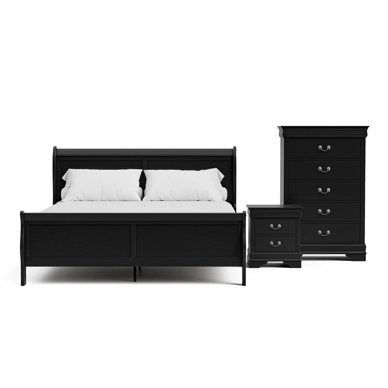 Ensemble de chambre à coucher Aberdeen, Simple, Noir, Ensemble de 3 pièces : lit, table de chevet, comm