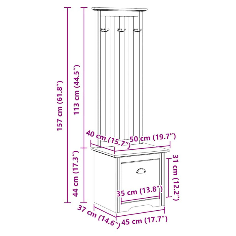 Hallway Cabinet With Hooks BODO 50X40x157 Cm, Grey