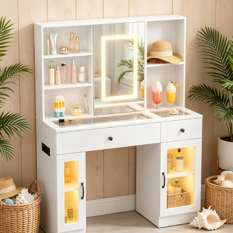 Vanity Desk with Mirror and Lights, Glass Top Vanity Desk with Sliding LED Mirror & 3-Color Lights, Makeup Dressing Table with Storage Drawers, Rainbow Glass Cabinets, USB/AC Outlets, MDF Beauty Hub