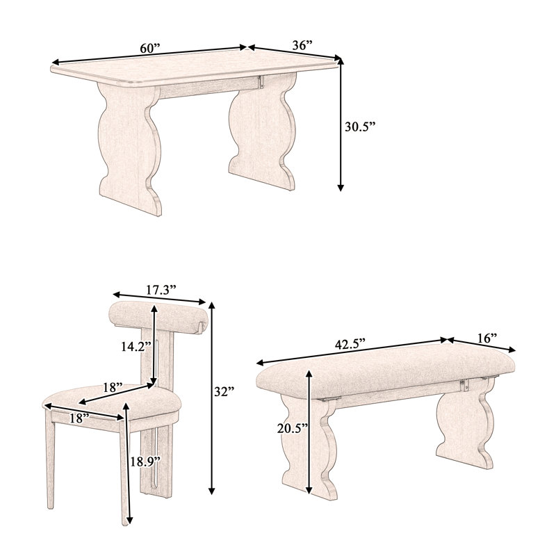 Ensemble de salle à manger 6 pièces, ensemble de table Mid-Century moderne pour 6 personnes avec 4 chaises et banc, Espresso
