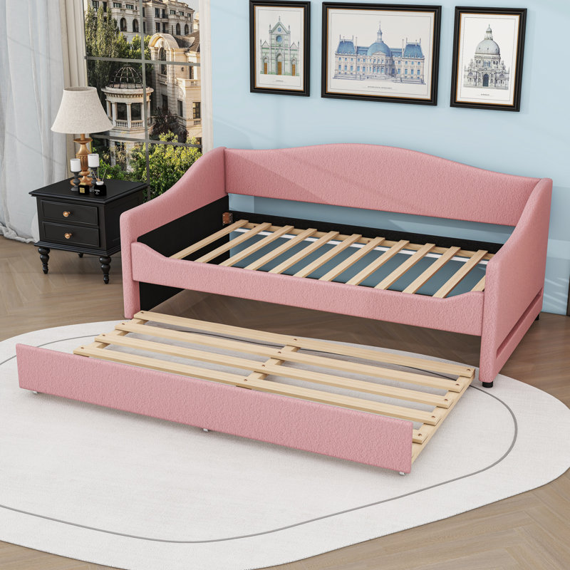 Upholstered Daybed with Trundle and LED Lights, Twin, Pink