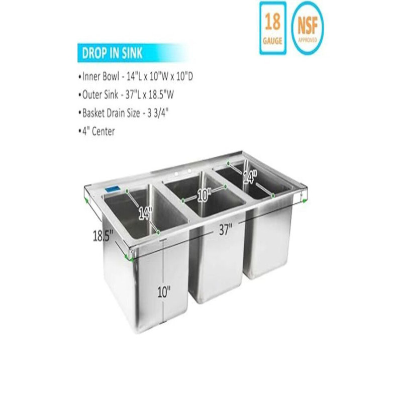 37'' L Triple Bowl Stainless Steel Kitchen Sink