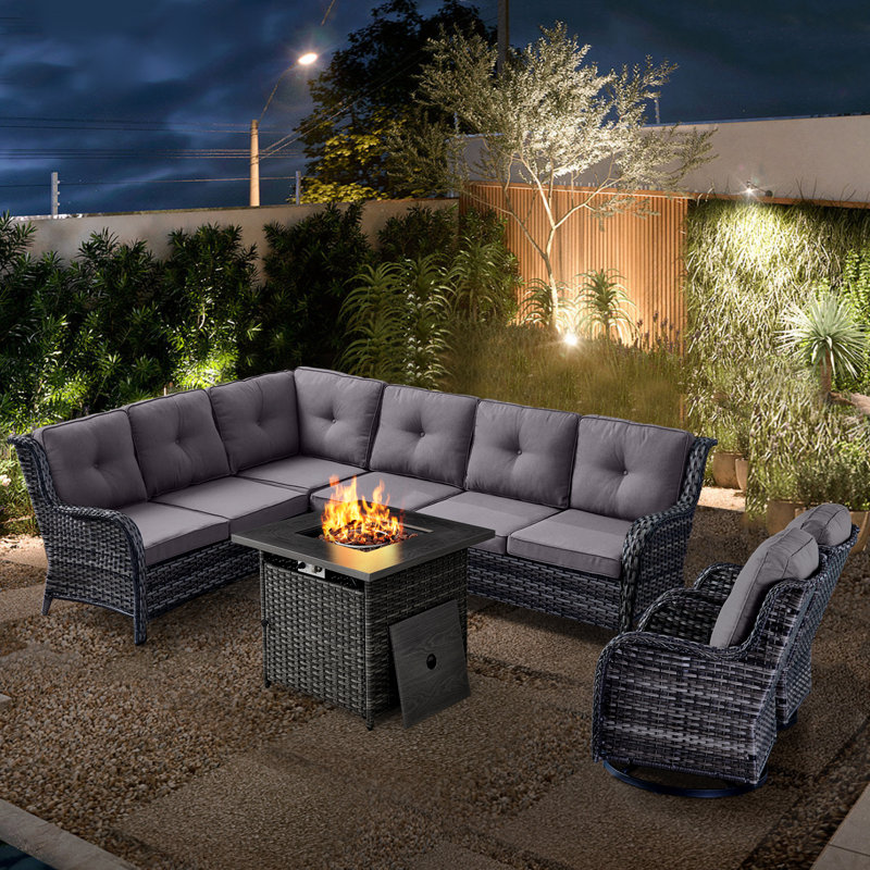 Achenbach Wicker 8 - Person Outdoor Seating Group with Fire Pit with Cushions, Gray