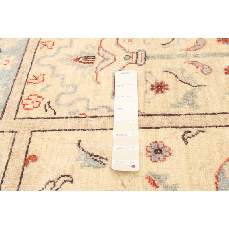 Tapis décoratif beige en laine noué à la main de conception unique 5 pi 3 po x 7 pi 9 po noué à la main New Age