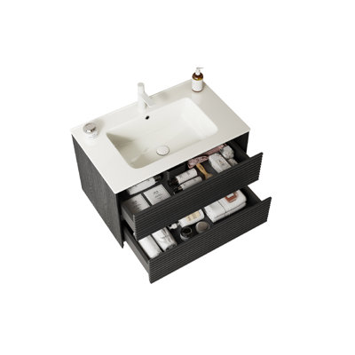 30" Bathroom Cabinet With Sink Hole Cover, Plywood, White Ceramic Basin, 2 Drawers, Dark Oak Vanity Unit, 30", Floating, Plywood Cabinet, Finish, Basin Trap