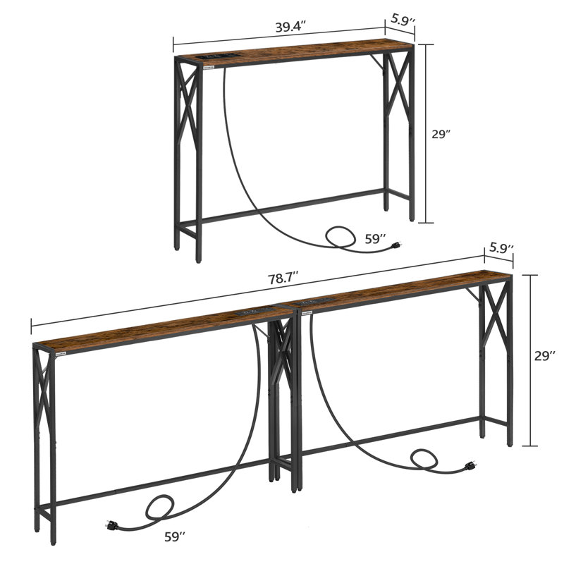 Naun 78.7" Console Table with Power Outlet Narrow Sofa Table, Brown