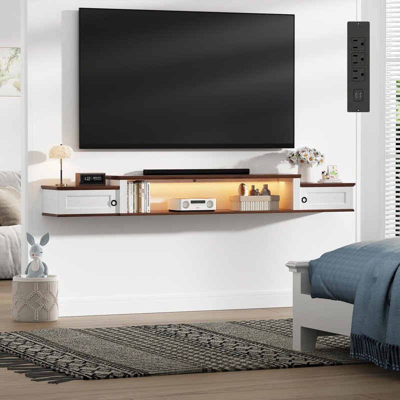 70" Farmhouse Floating Tv Stand  For Tvs Up To 80 Inch,wood Floating Entertainment Center With Storage Cabinet,wall Mounted Tv Shelf With Light & Charging Station