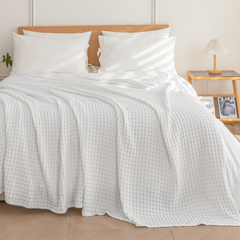 Jeté doux et léger en coton et viscose de bambou tissé gaufré toutes saisons, Blanc, Grand lit