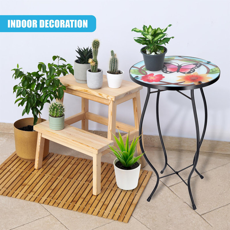 Mosaic Garden Table Weatherproof Glass & Iron, Small Round Outdoor Patio Coffee Versatile Bistro Side Table Plant Stand for Home & Gift, 30.5 cm, Garden Tables Only