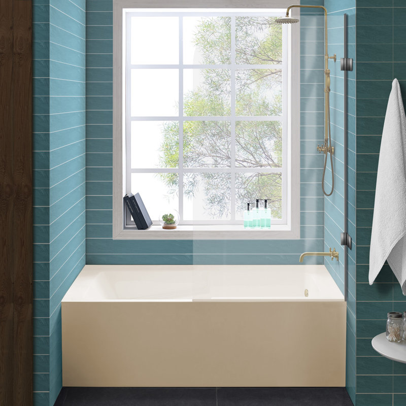 Baignoire d'angle Voltaire 60 po x 30 po avec tablier et vidange à droite, couleur biscuit, Oui, Bisque brillante