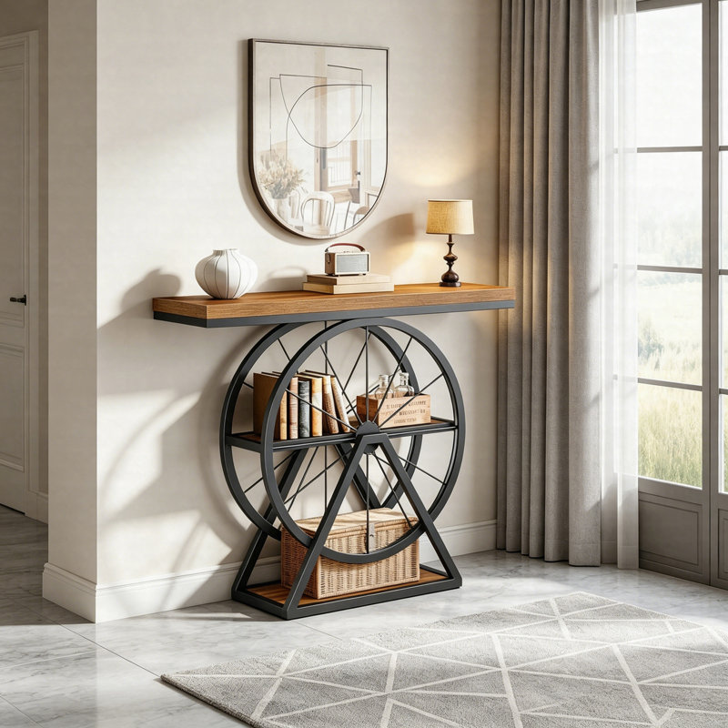 Console industrielle 39,4 "avec roulettes, canapé d'entrée à 3 niveaux avec tablettes de rangement