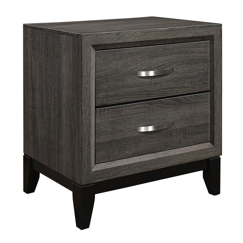 Table de chevet grise pour le lit: faux bois, 2 tiroirs, placage de bois contemporain à poignées polies