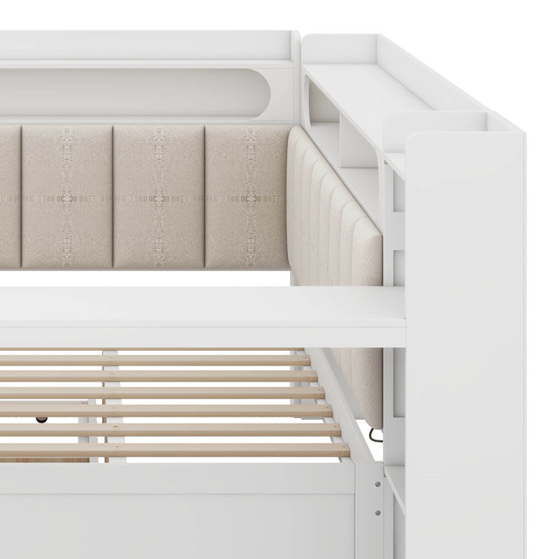Full Size Wood Daybed With Storage Shelves & Trundle, Charging Station & LED Light, Desk & Upholstered Headboard And Backrest