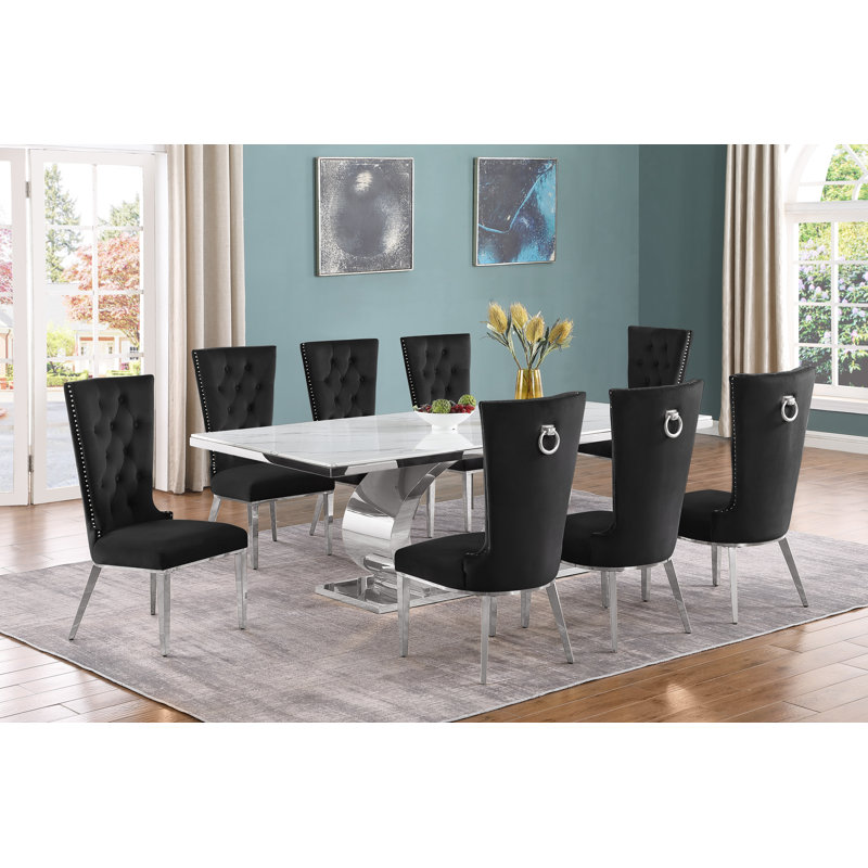 Ballance Marble Top Pedestal Dining Set, Black/Silver, 9, Silver