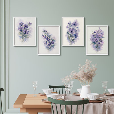 Purple Floral Botanical Framed Wall Art Prints Set of 4 - Soft Lavender Blossom Design for Bedroom Living Room
