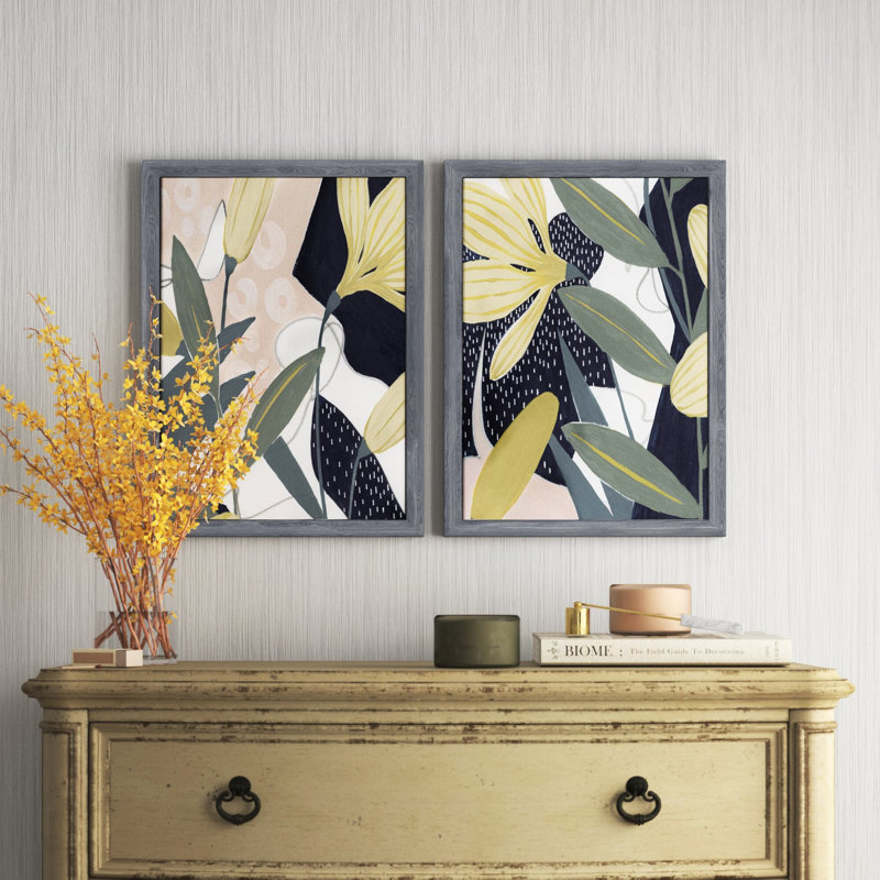Flores Noche IV - Ensemble de 2 peintures sur toile encadrées, H 20 po x l 32 po x P 1,25 po, Toile avec encadrement ébène