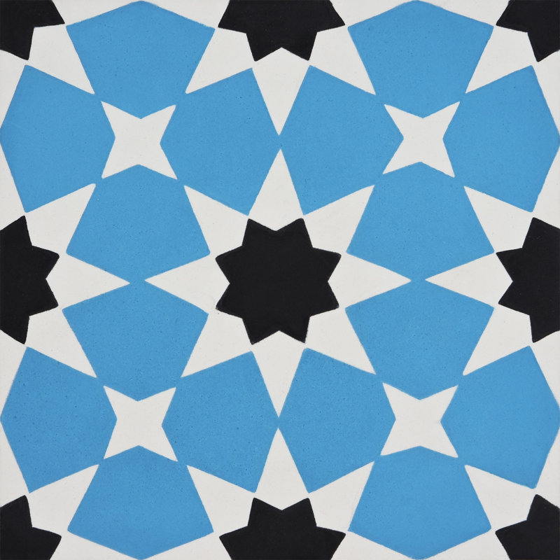 Medina 8" x 8" Cement Patterned Wall & Floor Tile, Blue/White/Black