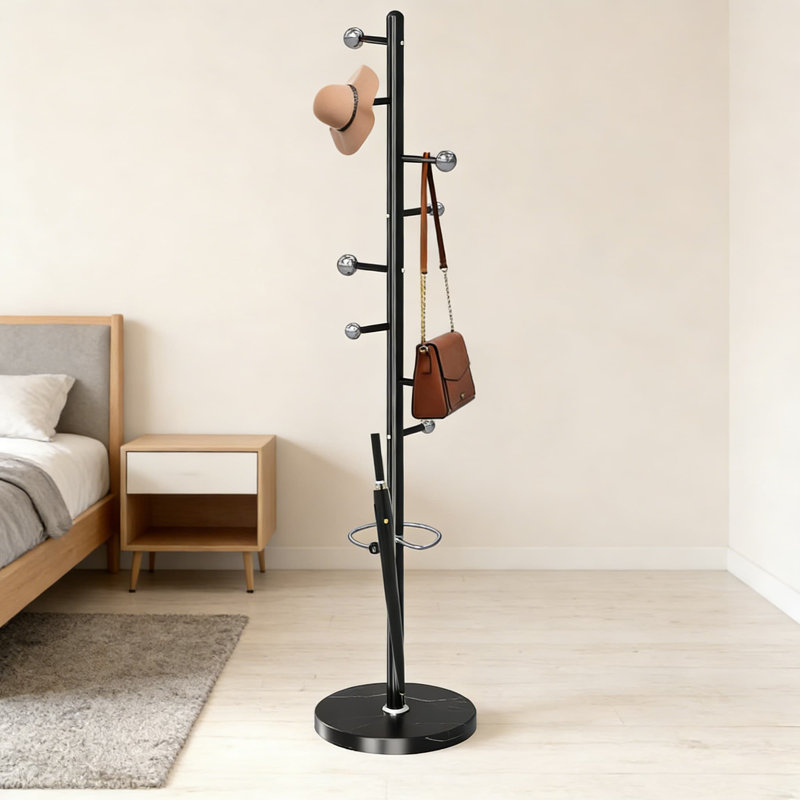 Modern Freestanding Coat Rack With Natural Marble Base, 8 Stainless Steel Hooks And Umbrella Holder, Heavy-Duty Hall Tree For Entryway, Office, And Home