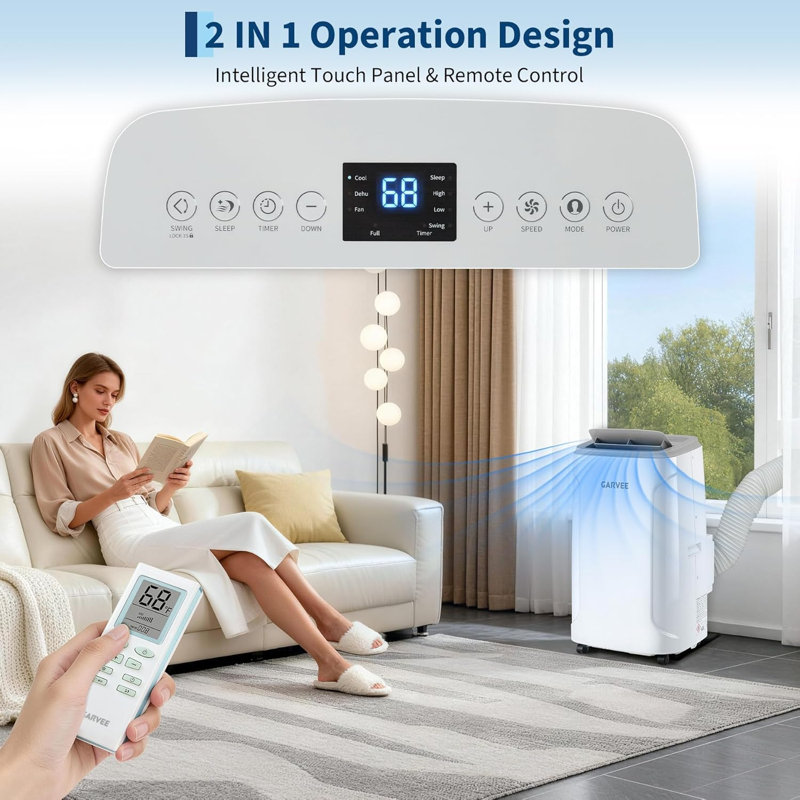 Climatiseur portable 14 000 BTU 3-en-1 | Unité de climatisation silencieuse avec déshumidificateur et ventilateur, écran tactile, télécommande et trousse d'installation complète qui refroidit jusqu'à 750 pieds carrés pour le bureau à domicile