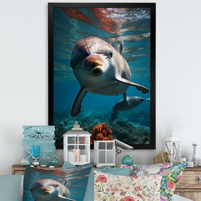 «Dolphin Serene Swim I» sur toile, H 32 po x l 16 po x P 1 po, Cadre photo noir