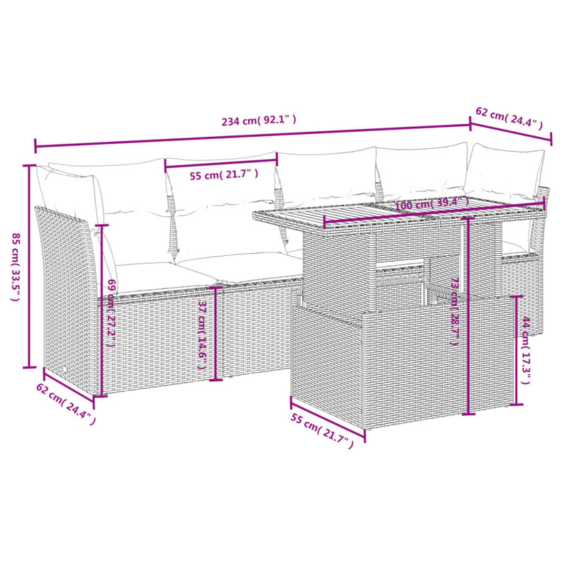  Ensemble de canapé de patio 5 pièces avec coussins en rotin de polyester gris
