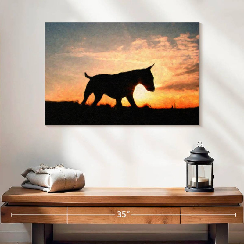 Bull terrier Brampt au coucher du soleil, H 16 po x l 24 po
