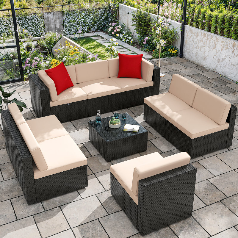 8-Persons Rattan Patio Furniture Conversation Set Outdoor Sectional Sofa for Backyard, Beige
