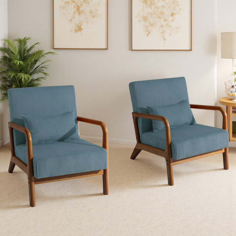 Jyrin Mid Century Upholstered Blue Corduroy Solid Wood Accent Chair with an Extra Pillow, Blue, Dark Brown Wood, 2