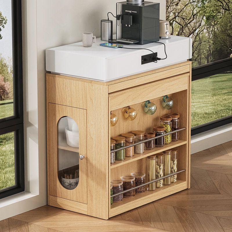 Table de salle à manger extensible avec plateau de table pliable, table de bar avec tiroirs et prise de courant, îlot de cuisine avec roues et crochets, buffet pour la cuisine et la salle à manger (naturel)