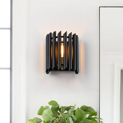 Modern Industrial Black Wall Sconce with Vertical Tube Metal Shade - Adjustable Height 20"-98" Gold Interior ETL Listed