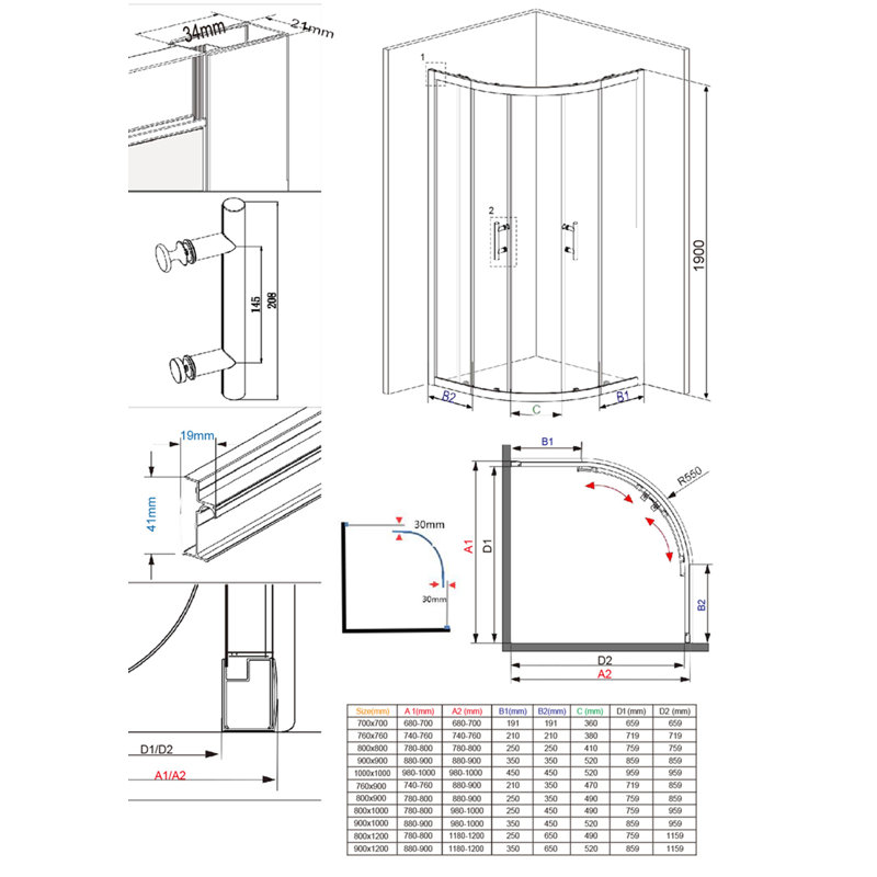 Offset Curved Shower Enclosure - 1900 x 1200 x 900 mm Walk In Corner Cubicle, Chrome