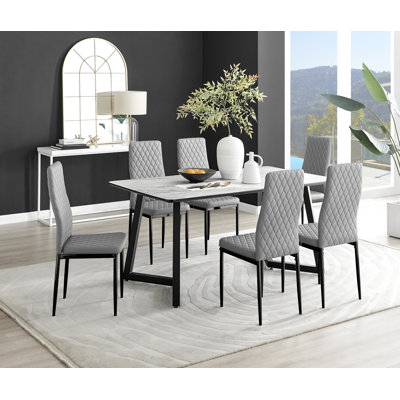 White Marble Effect Melamine Dining Table Black Legs & 6 Luxury Faux Leather Chairs Modern Design