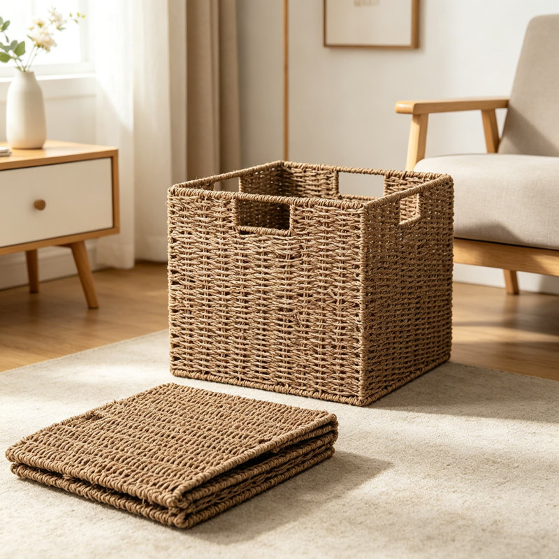 Handwoven Seagrass Storage Baskets Set Of 3, Foldable Cube Organizer Bins For Shelves, Pantry, Kitchen, And Bathroom Organization, Natural Wicker Storage With Sturdy Iron Frame