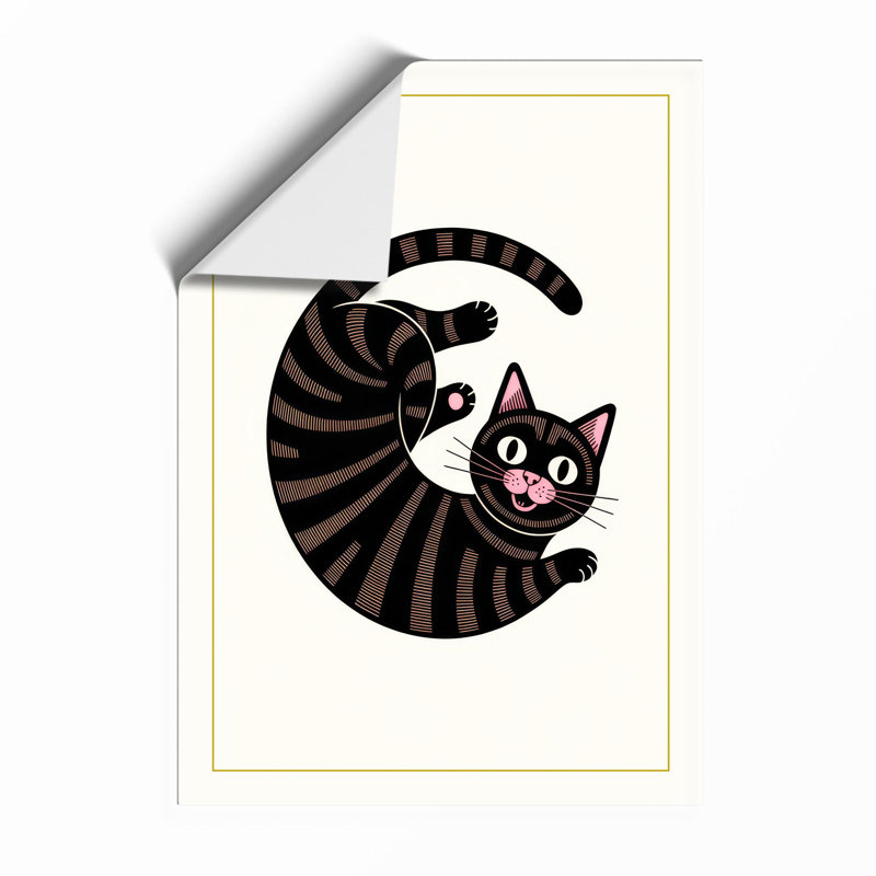 Striped Cat Crescent Retro - Framed Print, Unframed, A2 - 59.4 x 42.0 cm