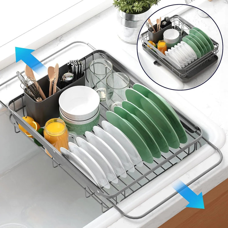 Égouttoir à vaisselle extensible pour comptoir de cuisine - Organisateur d'évier en acier inoxydable avec porte-couverts, longueur réglable de 15,7 po à 23 po, égouttoir antirouille, peu encombrant