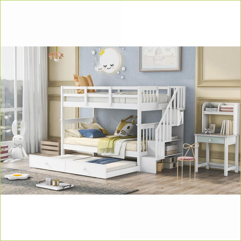 Lit simple superposé simple avec lit gigogne, structure en bois de pin et en panneau de fibres à densité moyenne, rangement pour escalier, aucun sommier nécessaire, blanc pour chambre à coucher / dortoir / adultes