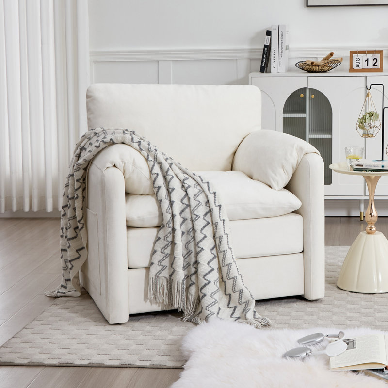 38.1''W Chenille Armchair Accent Chair Single Sofa for Living Room and Bedroom, White
