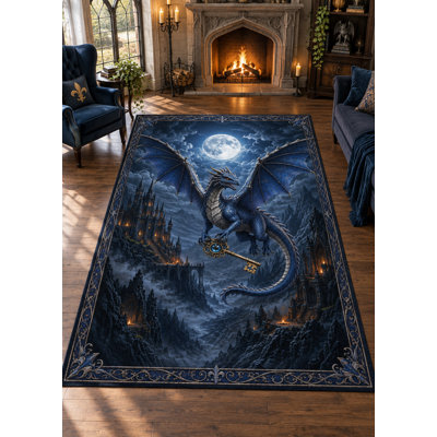 Tapis « Ultra Fin » 152 x 213 cm (5 pi x 7 pi) à motif dragon et clé ancienne, idéal pour la chambre, le salon et le bureau à domicile. Moquette douce à poils courts avec envers antidérapant en silicone.