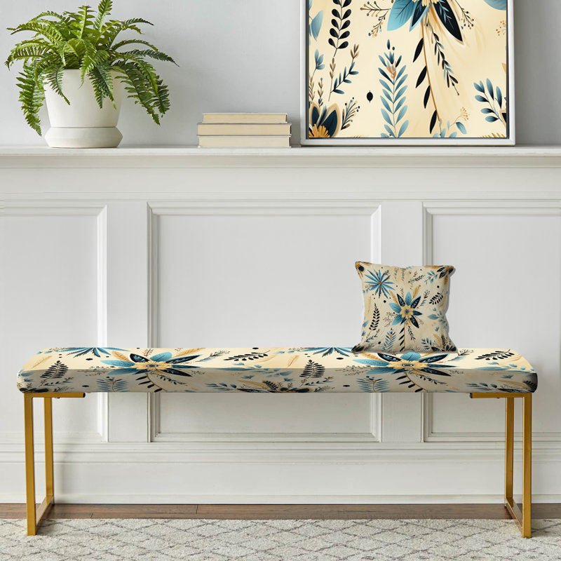 Floral Upholstered Gold Bench, Blue Beige Vintage Chic Flower 